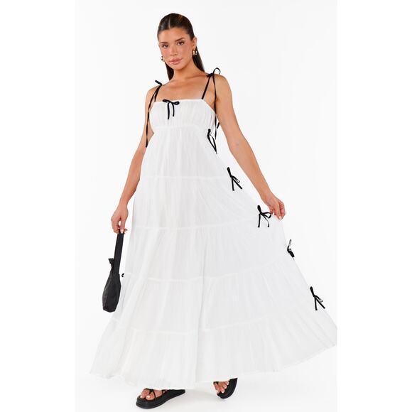 Show Me Your Mumu Harmony Maxi Dress White Voile with Black Bows L - Picture 7 of 7